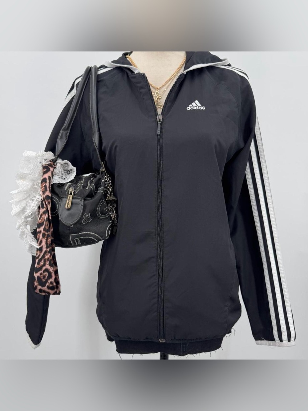 adidas Black Zip-Up Bomber Jacket with White Three Stripes sz small